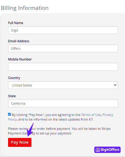 Latest K7 Security Promo Codes, Avail FLAT 60% OFF and Save $50 on Antivirus This Month K7 Security Coupon Code Checkout Page