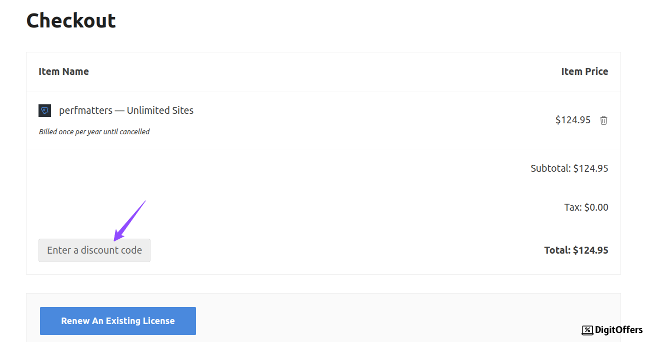 Perfmatters Checkout Page enter the discount code here